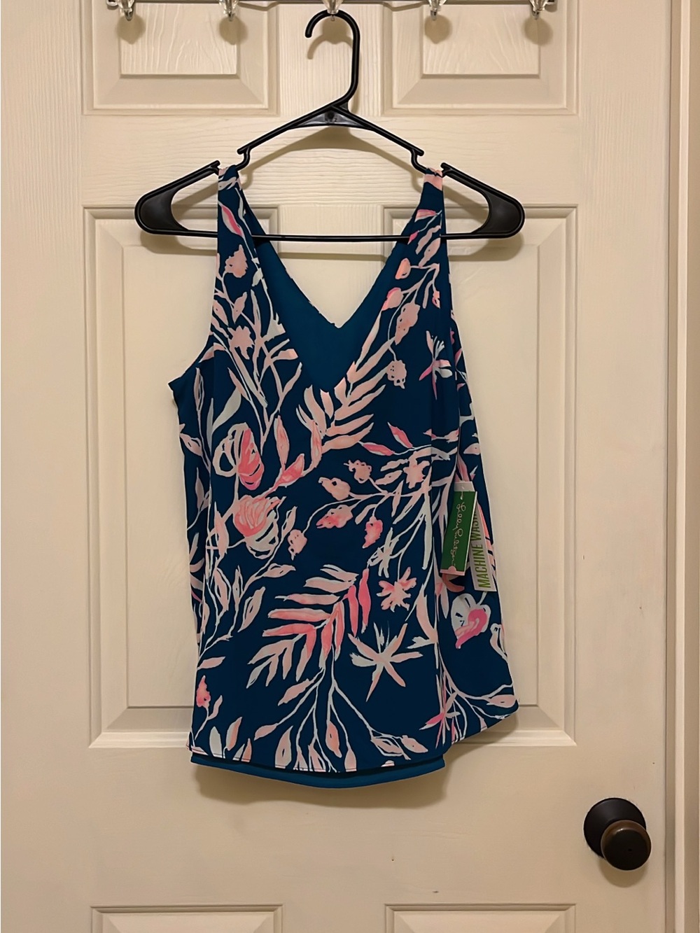 Lilly Pulitzer Teal Floral V-Neck Tank with Pink and Cream Print